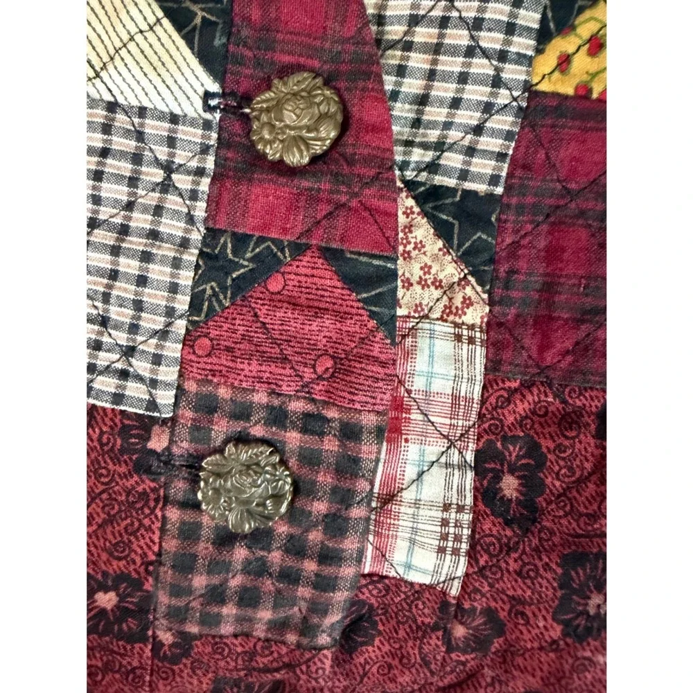 Handmade Vest‎ Quilted Patchwork Village  L/XL Burgundy Folk Art Cottagecore